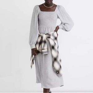 Madewell Gray Lucie Smocked Midi Dress Long Sleeves